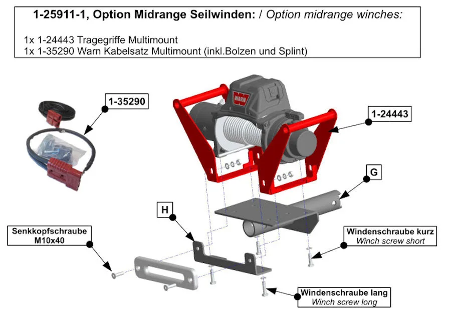 Option Midrange Seilwinden für Hidden Multi-Mount. Inkl Tragegriffe und Kabel