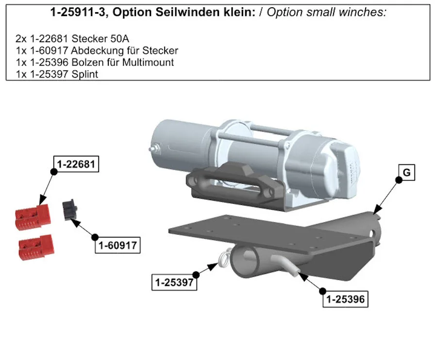 Option Kleine Seilwinden für Hidden Multi-Mount. Inkl Bolzen und Stecker