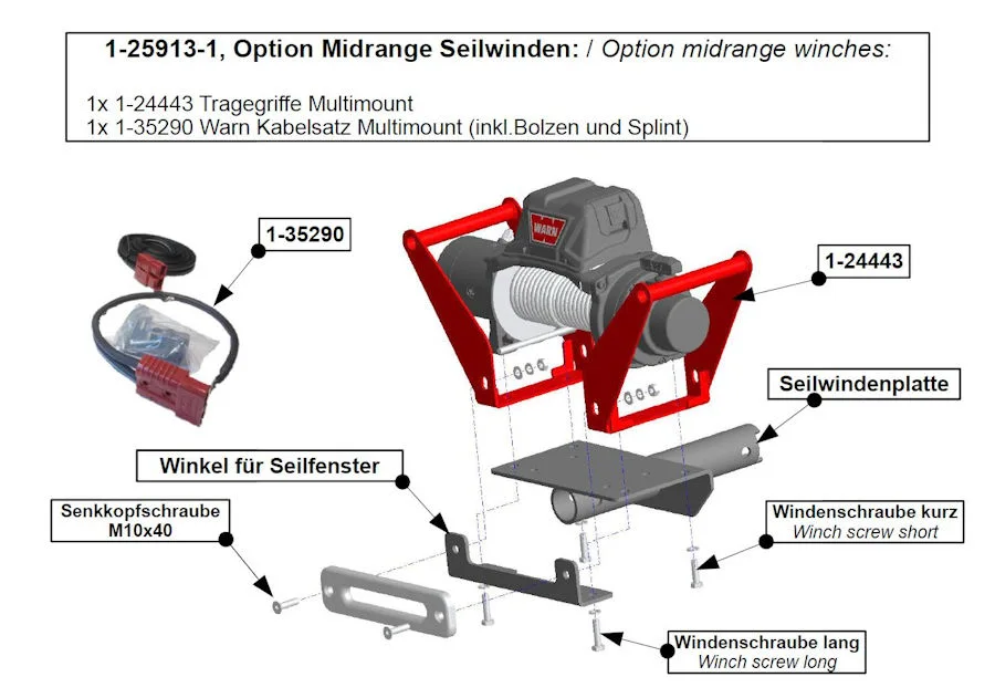 Option Midrange Seilwinden für Hidden Multi-Mount. Inkl Tragegriffe und Kabel