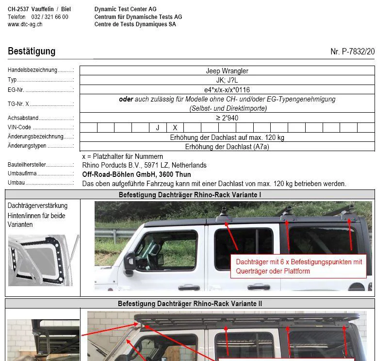 Jeep JL Gutachten Dachlast Dtc-Bestätigung für Dachlast 120 kg