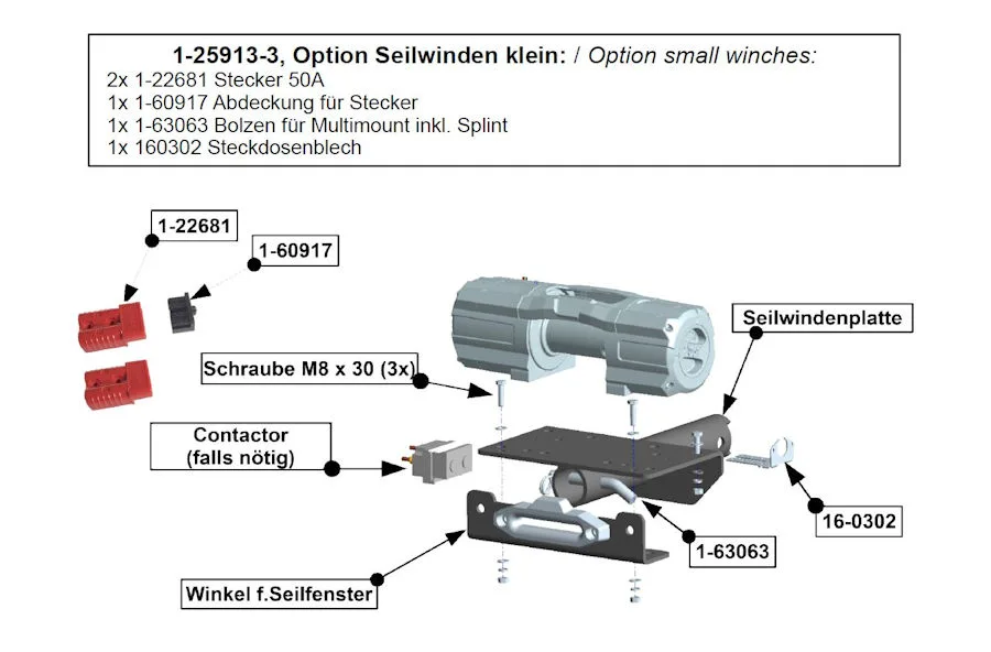 Option kleine Seilwinden für Hidden Multi-Mount, inkl Bolzen und Stecker