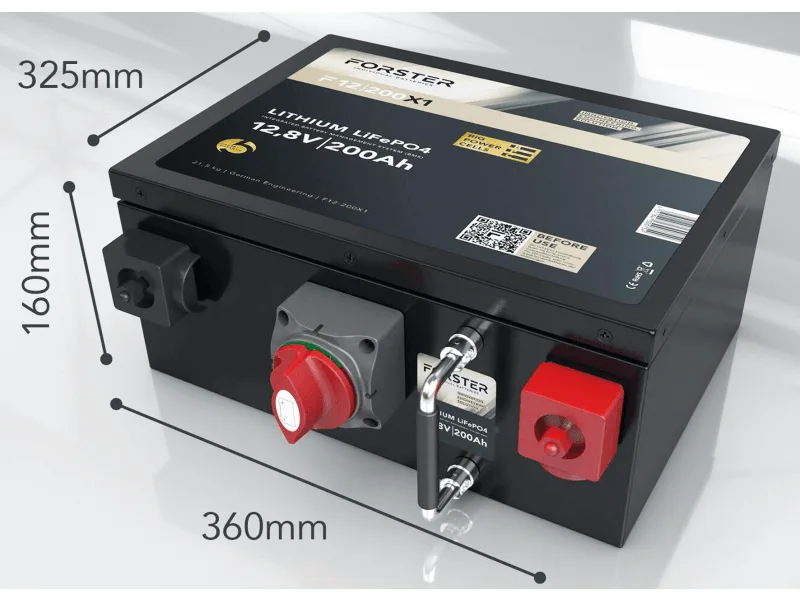 Forster LiFePO4 Lithium-Batterie 12 V 200 Ah High Power – Untersitzmontage mit integriertem Hauptschalter